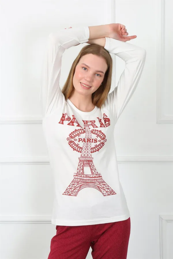 Moda Çizgi Kadın Paris Penye Uzun Kol Pijama Takım 4139