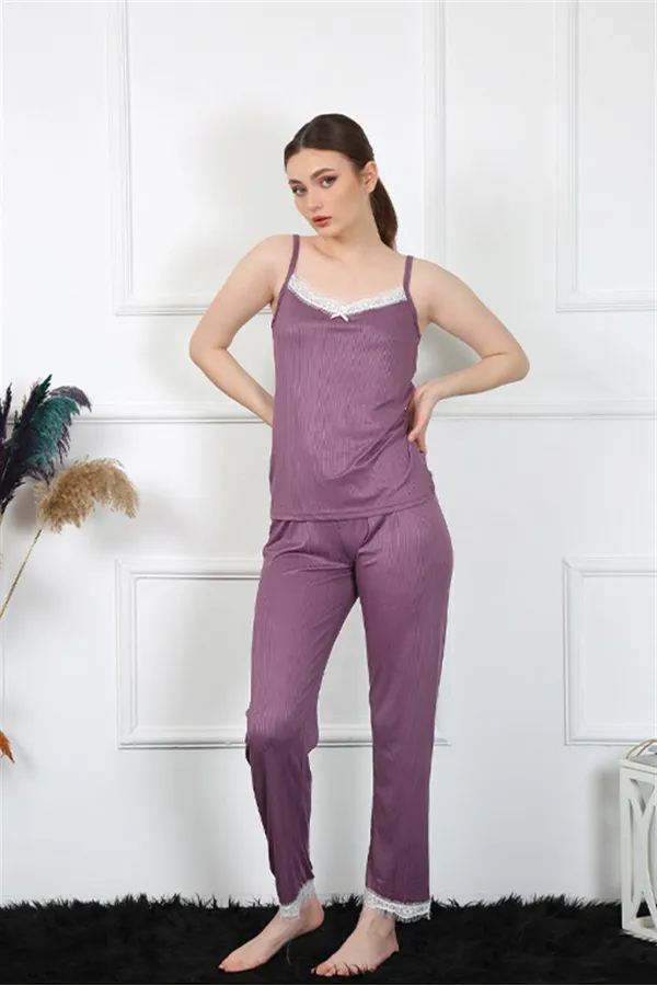 Moda Çizgi Kadın İp Askılı Mürdüm Pijama Takım 4136