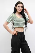 Moda Çizgi Triko Crop Çizgili Mint