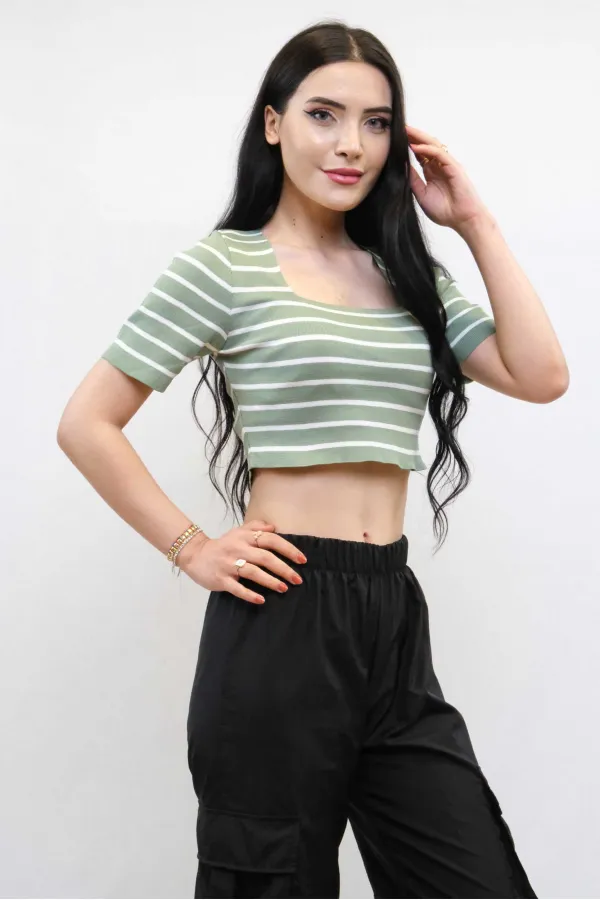 Moda Çizgi Triko Crop Çizgili Mint