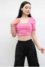 Moda Çizgi Triko Crop Çizgili Pembe