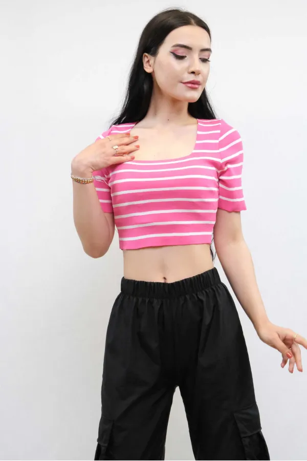 Moda Çizgi Triko Crop Çizgili Pembe