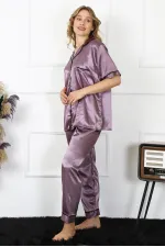 Moda Çizgi Kadın Büyük Beden Mor Saten Pijama Takımı 10303