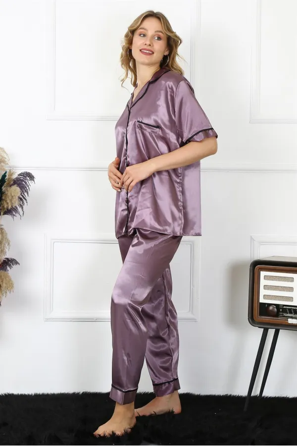 Moda Çizgi Kadın Büyük Beden Mor Saten Pijama Takımı 10303