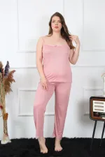 Moda Çizgi Kadın Büyük Beden Pudra İp Askılı Pijama Takım 202195