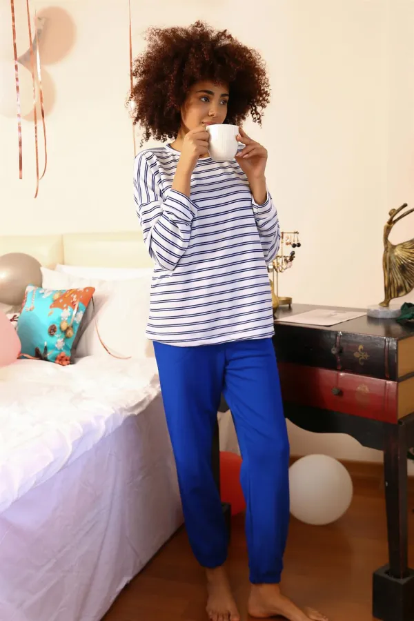 Moda Çizgi Kadın Uzun Kol 3 İplik Penye Pijama Takım 4185