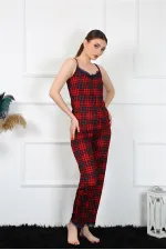 Moda Çizgi Kadın İp Askılı Kırmızı Ekoseli Pijama Takım 4135