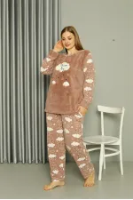 Moda Çizgi Welsoft Polar Kadın Büyük Beden Sütlü Kahve Pijama Takımı 808044