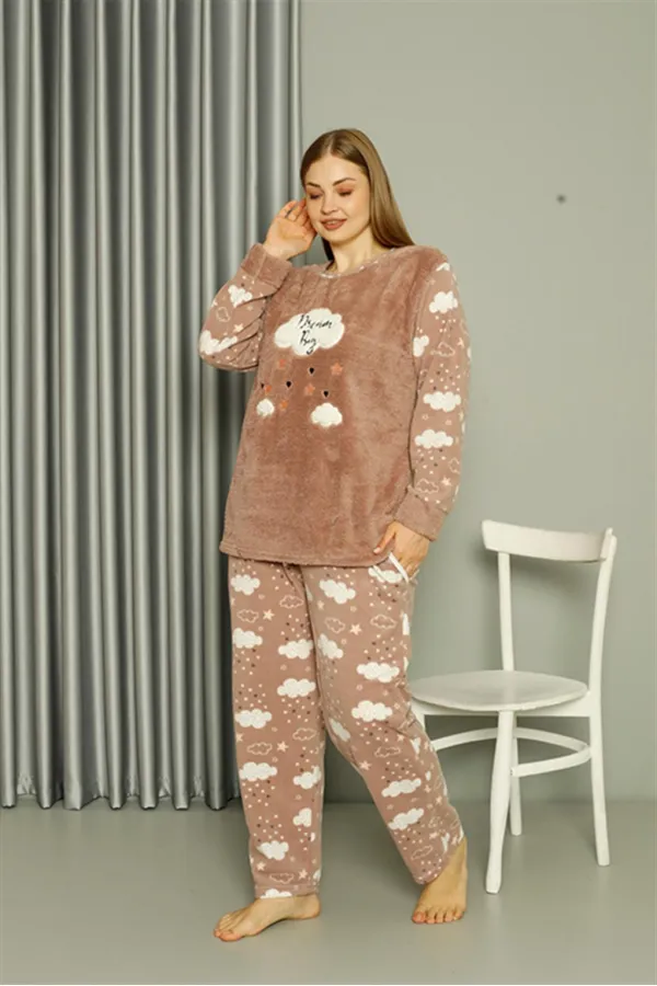 Moda Çizgi Welsoft Polar Kadın Büyük Beden Sütlü Kahve Pijama Takımı 808044