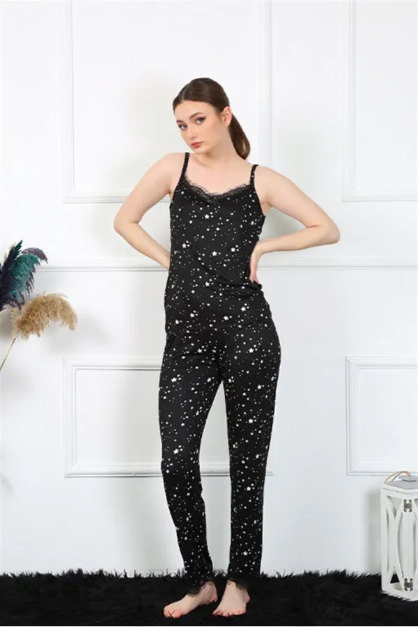 Moda Çizgi Kadın İp Askılı Siyah Pijama Takım 4137